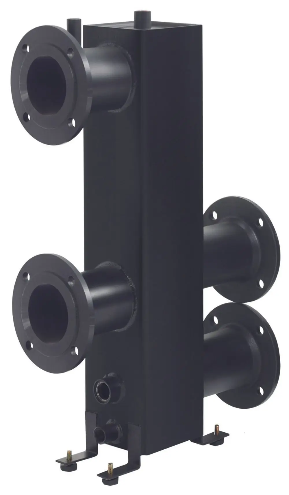 Schwarze Hydraulikkomponente mit mehreren Anschlüssen, geeignet für Installationen. Gezeigt sind Flansche und Montagevorrichtungen, möglicherweise für Vaillant-Systeme.